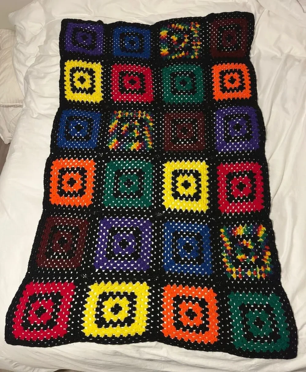 Handmade Crochet Granny Square Afghan Blanket Black Rainbow 71”x46”Retro 70s80s